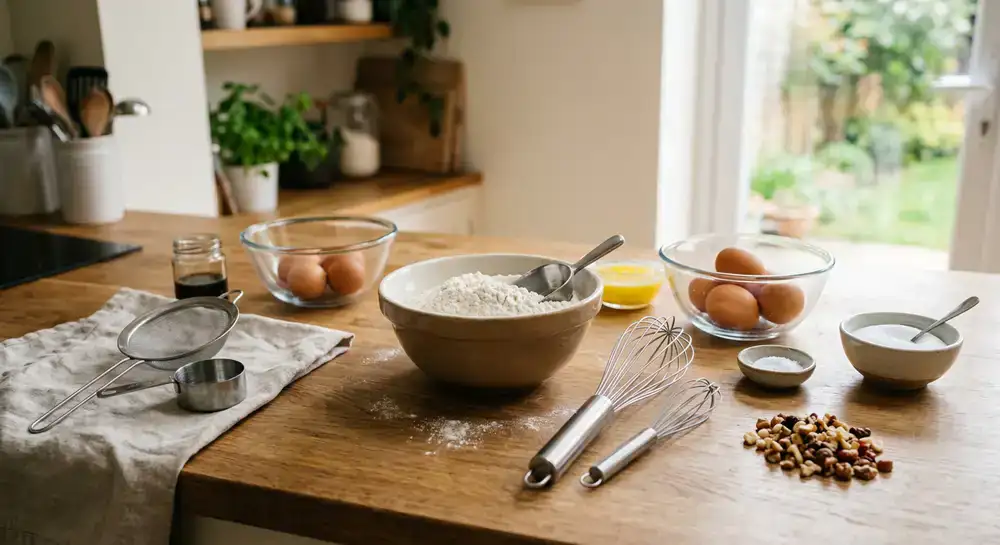 Voorbereide ingrediënten, meel en gardes op een keukentafel