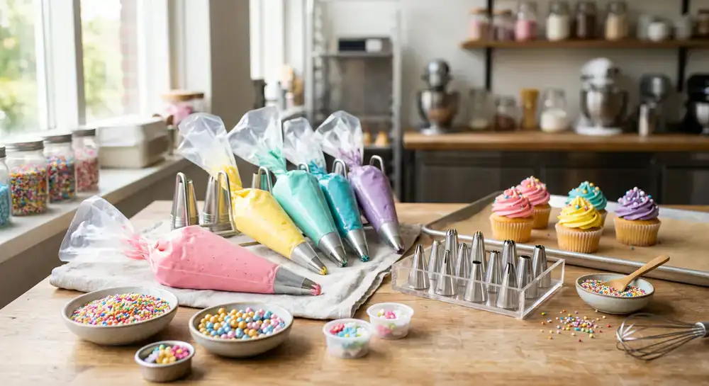 Spuitzakken, spuitmondjes en kleurrijke decoraties