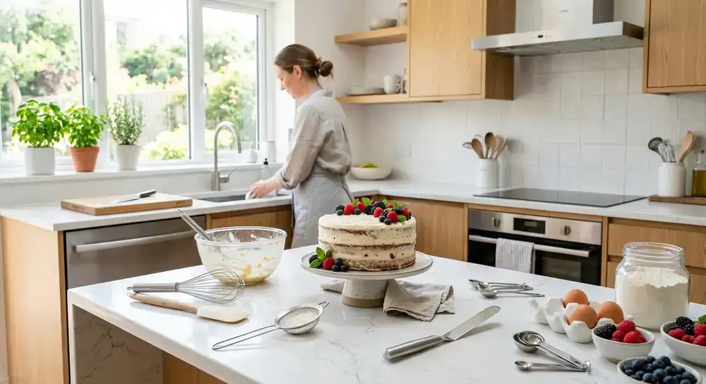 Moderne keuken met verse taart en professioneel bakgerei