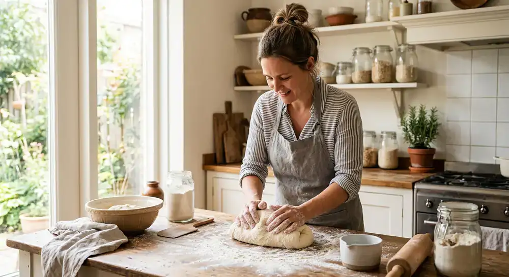 Gezellige keuken waar vers deeg wordt gekneed door een gepassioneerde bakker