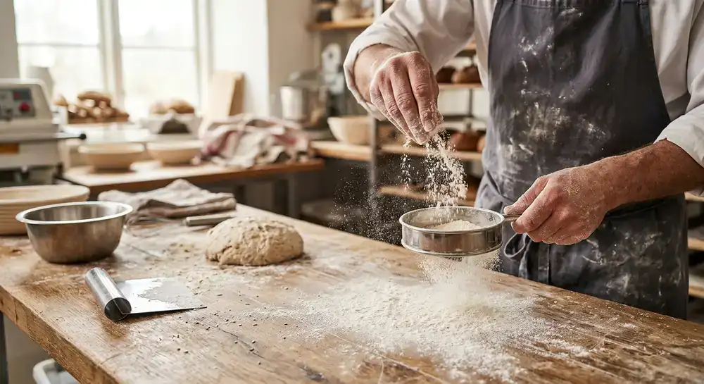 Handen van een bakker die vakkundig bloem strooien op een houten werkblad